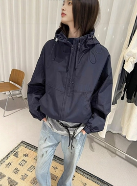 欧货宽松双拉链藏蓝色外套女休闲2026春秋新款百搭连帽超火冲锋衣