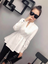 显瘦打底衫 百搭纯色OL上衣潮款 女修身 欧洲站2019收腰裙摆衬衫 长袖