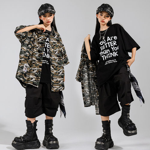 少儿breaking街舞服装潮酷男童迷彩上衣炸街套装女童jazz演出服夏