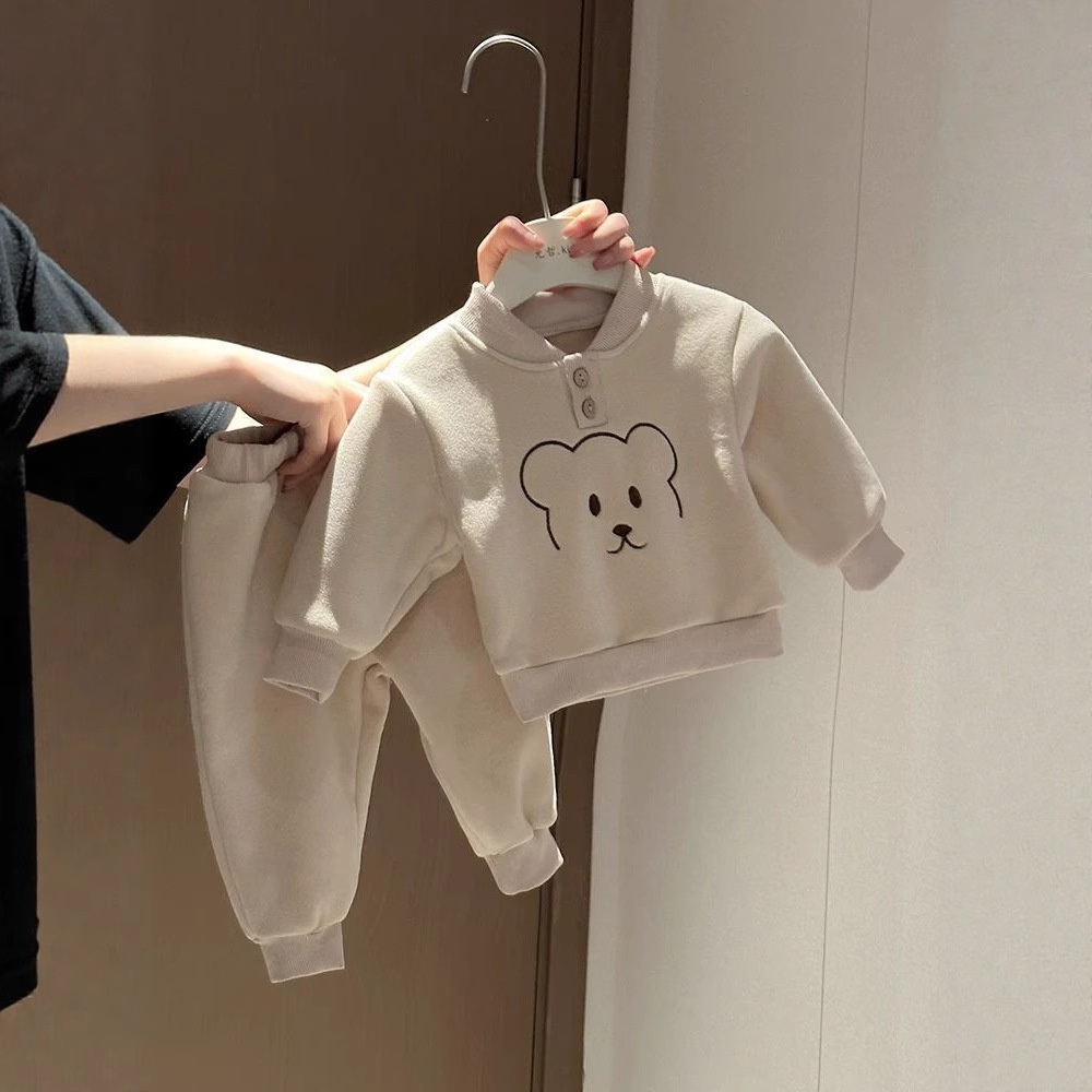 秋冬男女童套装宝宝洋气婴儿童个性潮牌加厚摇粒绒卡通卫衣运动裤