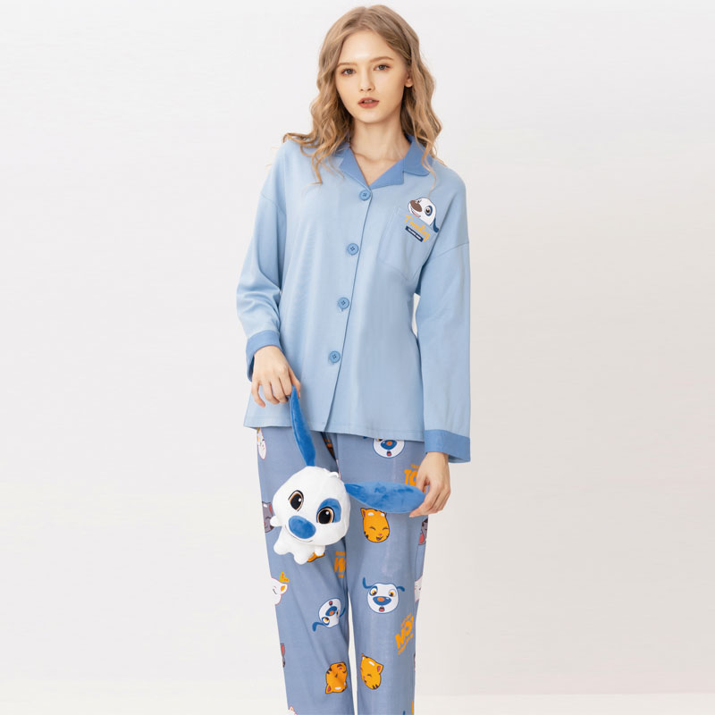 富妮来2024秋冬纯棉长袖印花女款可爱卡通开襟家居服睡衣F-B6715