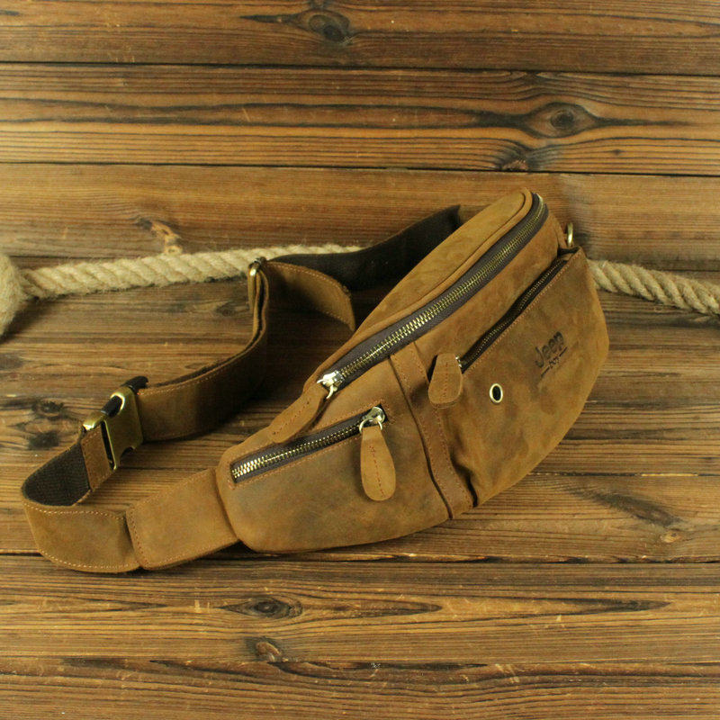 原创手工疯马皮复古头层牛皮真皮大容量大号腰包胸包斜挎包手机包