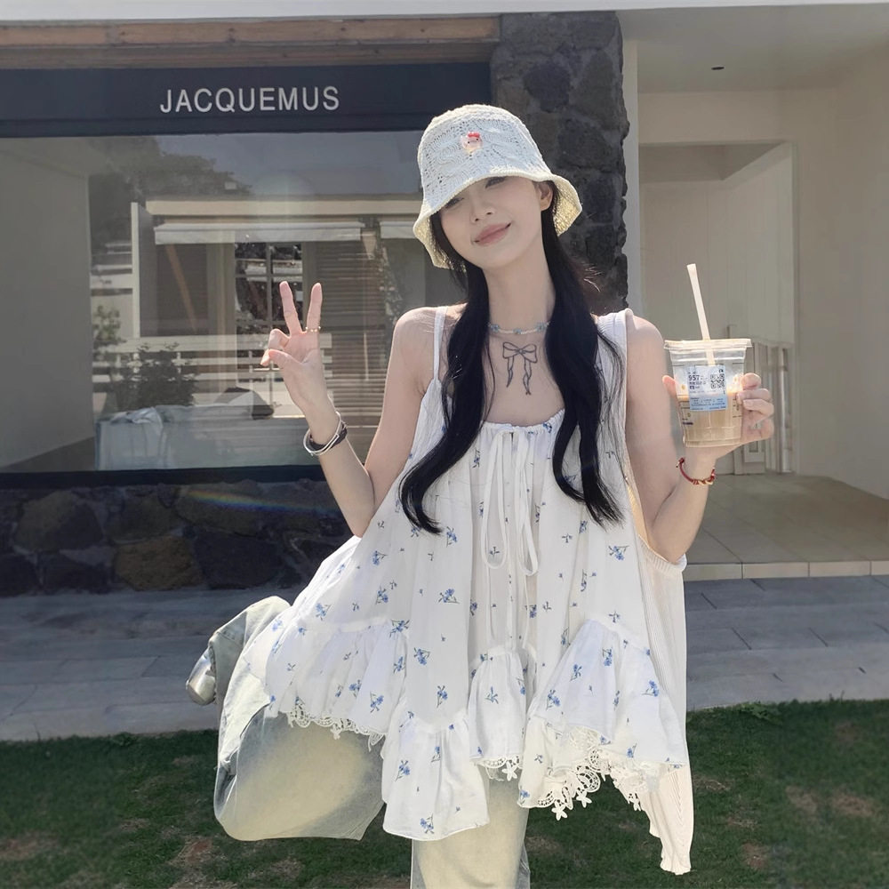 辣妹性感设计感刺绣冰淇凌下摆吊带背心女夏季无袖碎花上衣女装