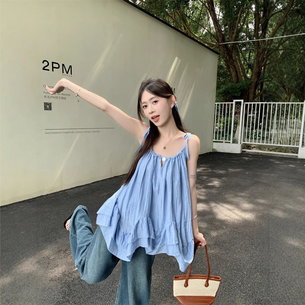 2025新款韩系ins小清新荷叶边圆领A字吊带女海边度假风上衣不规则