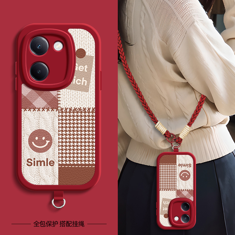 适用vivoy500手机壳毛衣笑脸y300pro/y200/y100带挂绳y78+保护套y3s/100i/200GT女y70/70t/51s/32/10/55s/76s