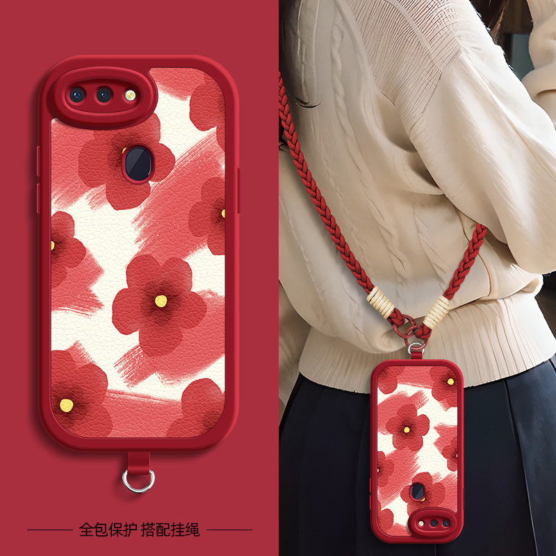 红色花适用OPPOR15梦境版手机壳带挂绳OPPOR17/R15新款R11/11S保护套r17硅胶外壳镜头全包防摔高级感小众