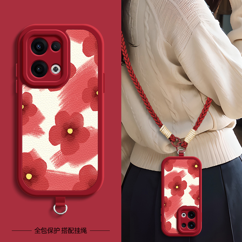 红色花适用OPPOReno15手机壳带挂绳Reno14pro/13/12/11/10/9/8/7/6/5/4/3新款5K保护套pro+十硅胶防摔外壳