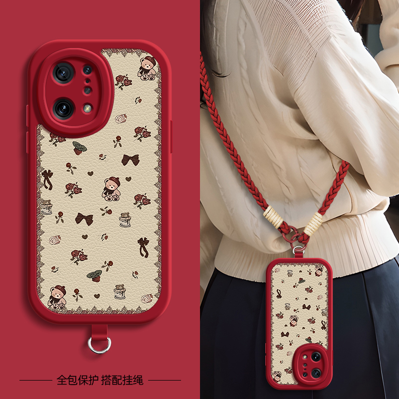 适用OPPOFindx9手机壳玫瑰小熊Findx7pro带挂绳findx6/5/3保护套Find x7女OPPO新款findx8外壳x8镜头全包防摔