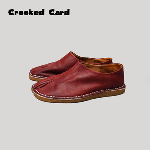 CROOKED CARD 25S 复古水洗马皮乐福鞋 猪蹄包头软底一脚蹬分趾鞋