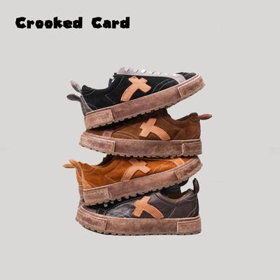 CROOKED CARD 25秋冬 水洗做旧厚底滑板鞋 复古做旧小众低帮鞋 潮