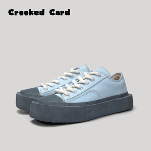 女增高大头板鞋 CROOKED CARD歪牌设计师天蓝色做旧厚底方头帆布鞋