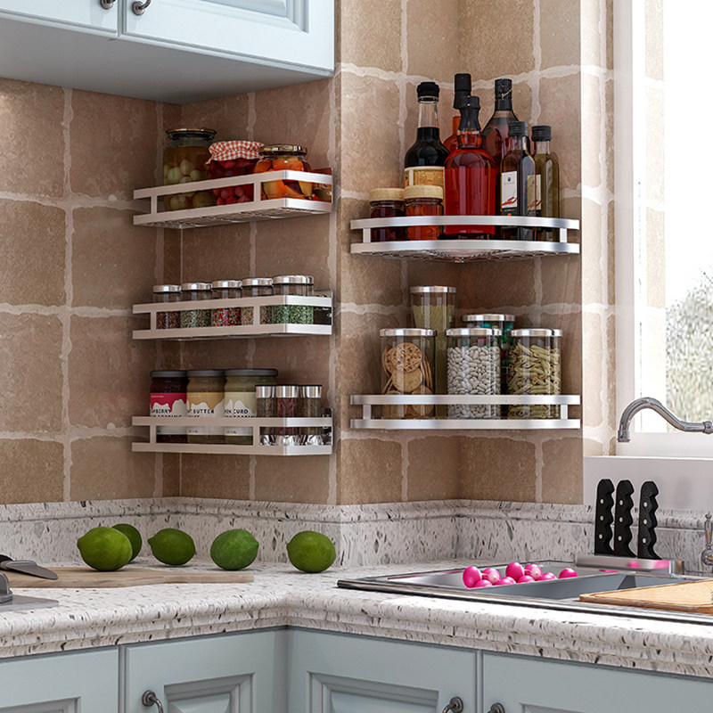 304不锈钢调料架45cm厨房置物架墙上转角免打孔浴室扇形三角架子