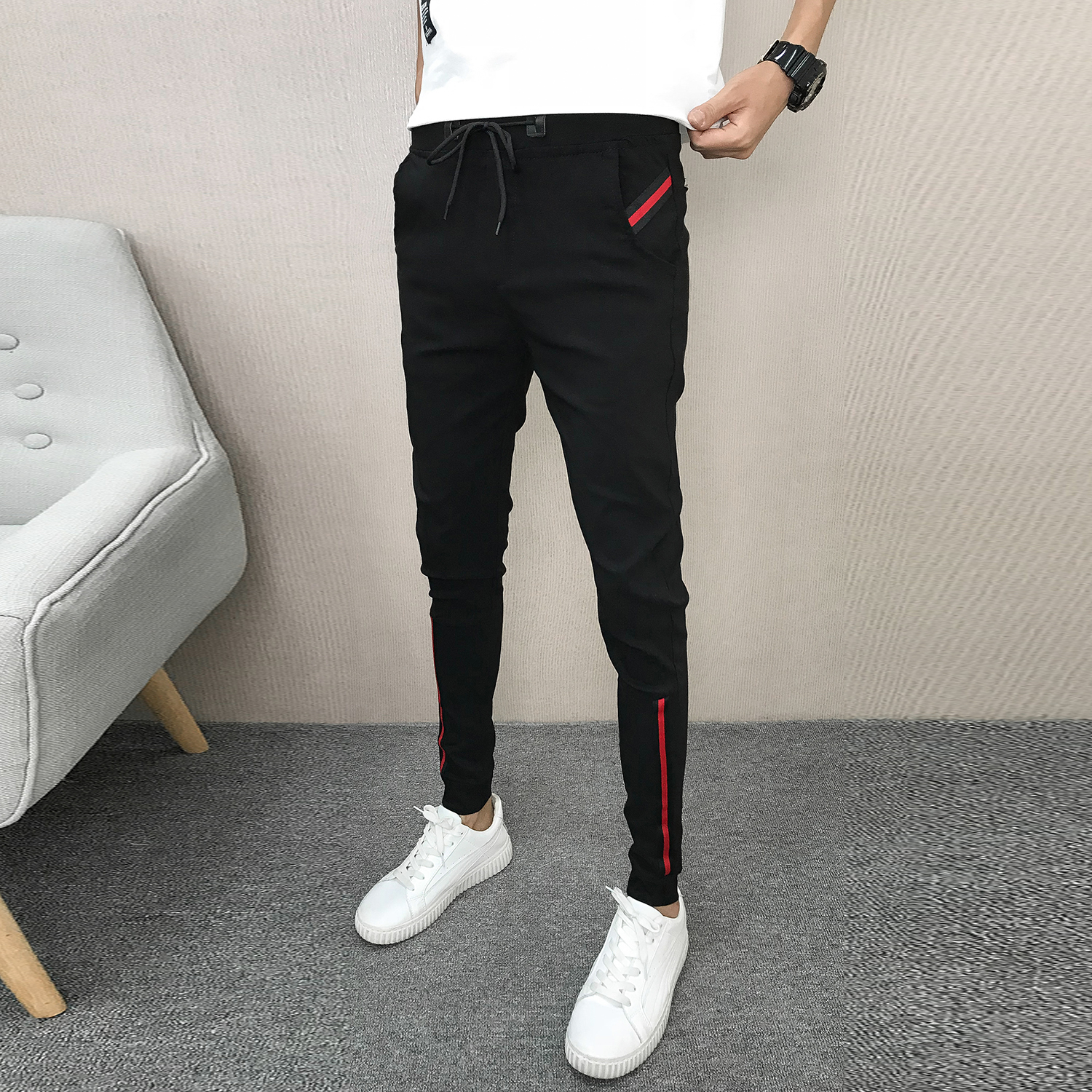 夏季薄款冰丝速干休闲裤男潮流修身弹力九分运动裤痞帅百搭小脚裤