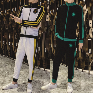 秋季三条杠休闲运动套装男女情侣社会精神小伙外套裤子网红两件套
