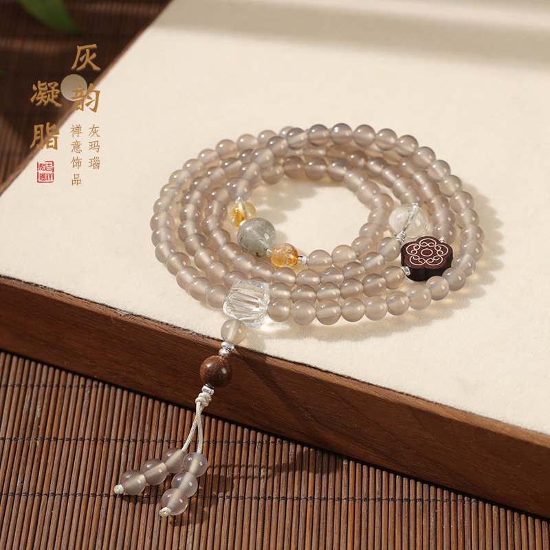进口灰玛瑙叠戴多圈手链风格手工串珠项链新中式手串复古气质百搭