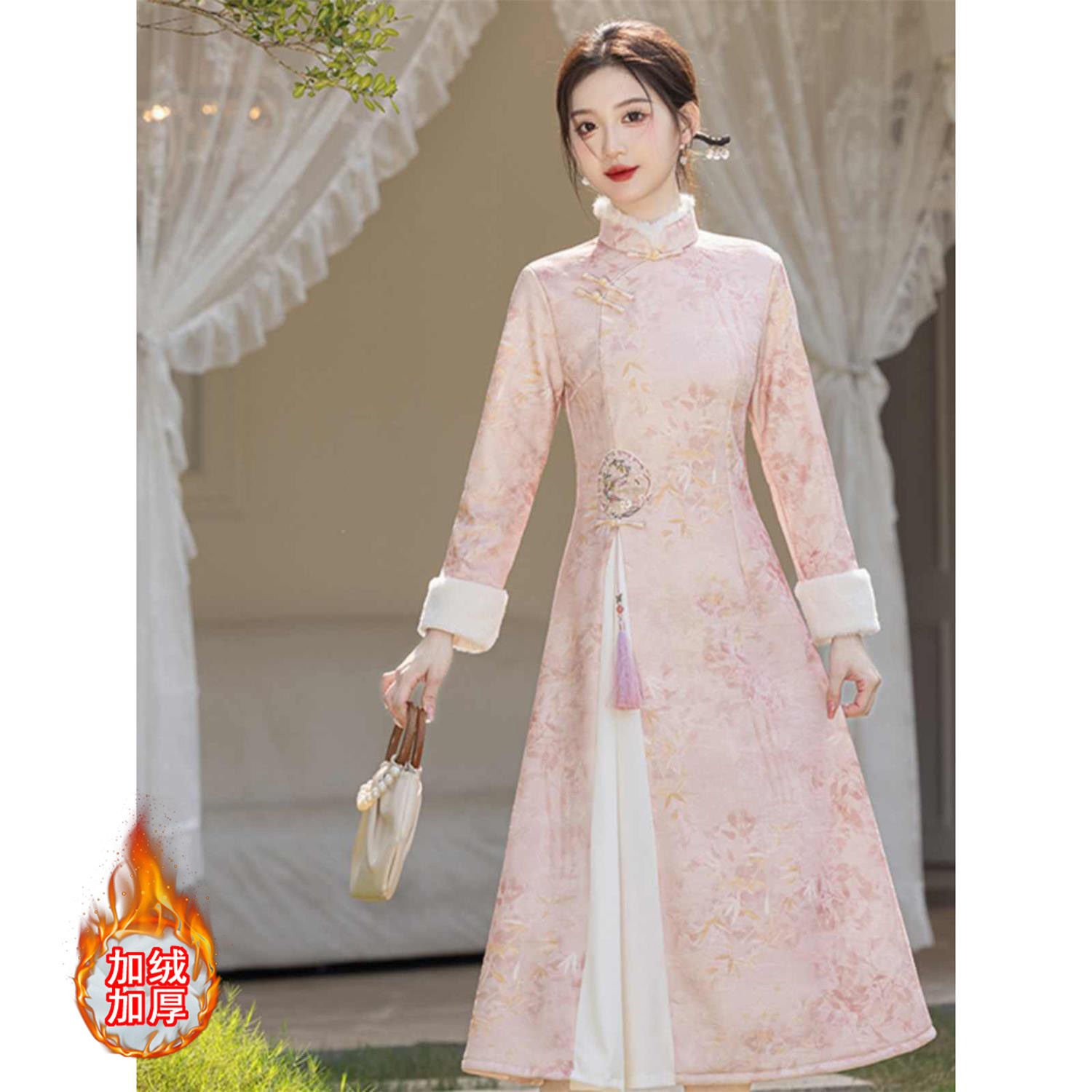 进口新中式奥戴旗袍冬季加绒加厚长袖年轻款少女日常改良连衣裙中