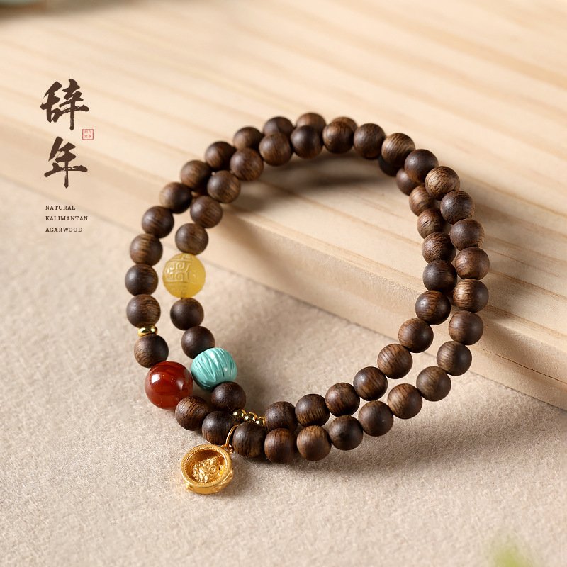 进口海南绿奇楠沉香手串南红松石转运珠黄财神双圈款文玩佛珠手链