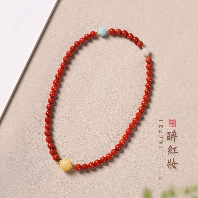 进口国风南红玛瑙手链复古二代蜜蜡珠搭配寿山石双圈手串新中式手