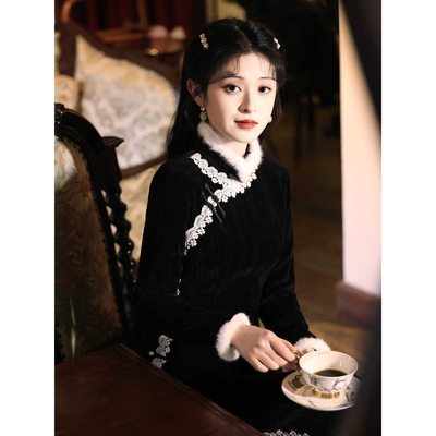 进口黑色旗袍新款2025秋冬季高级感复古风修身冬款加绒加厚新中..