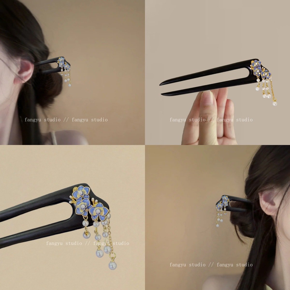 韩国进口小园几许，铃兰花流苏步摇簪子檀木发簪U型发钗新中式盘