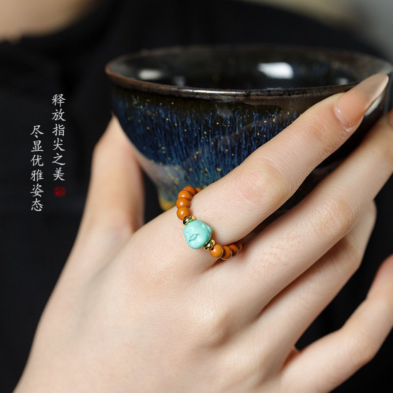 进口国风文玩原创设计饰品小清新橄榄核圆珠戒指搭配玛瑙笑佛弹力