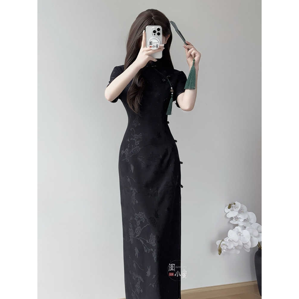 进口黑色古法旗袍少女新中式高端气质提花连衣裙2025新款夏季复古