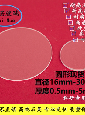 超薄圆直径16-30mm光学高透光耐高温石英玻璃片视窗镜透紫外jgs2