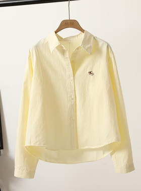 清新显白黄色纯棉长袖衬衫女春秋新款宽松显瘦慵懒上衣小个子衬衣