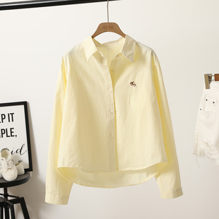宽松显瘦慵懒上衣小个子衬衣 女春秋新款 清新显白黄色纯棉长袖 衬衫