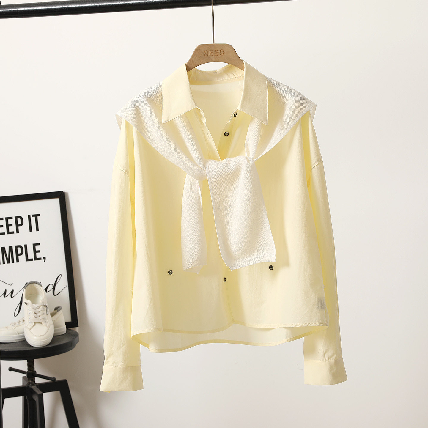 WEILIAN 初夏新款衬衫女韩版时尚宽松短款清新黄色衬衣＋披肩薄款