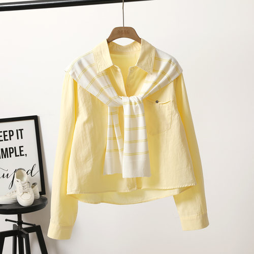 宽松韩版单排扣长袖纯棉口袋衬衫