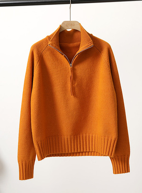秋冬新款爱马仕橙色韩版半拉链翻领毛衣女宽松显瘦软糯针织衫上衣