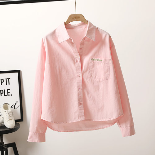 宽松韩版单排扣长袖纯棉口袋