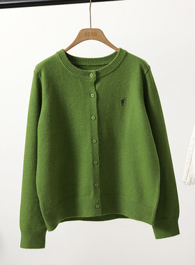 草绿色针织开衫女外穿秋新款毛衣外套刺绣设计宽松百搭打底衫上衣