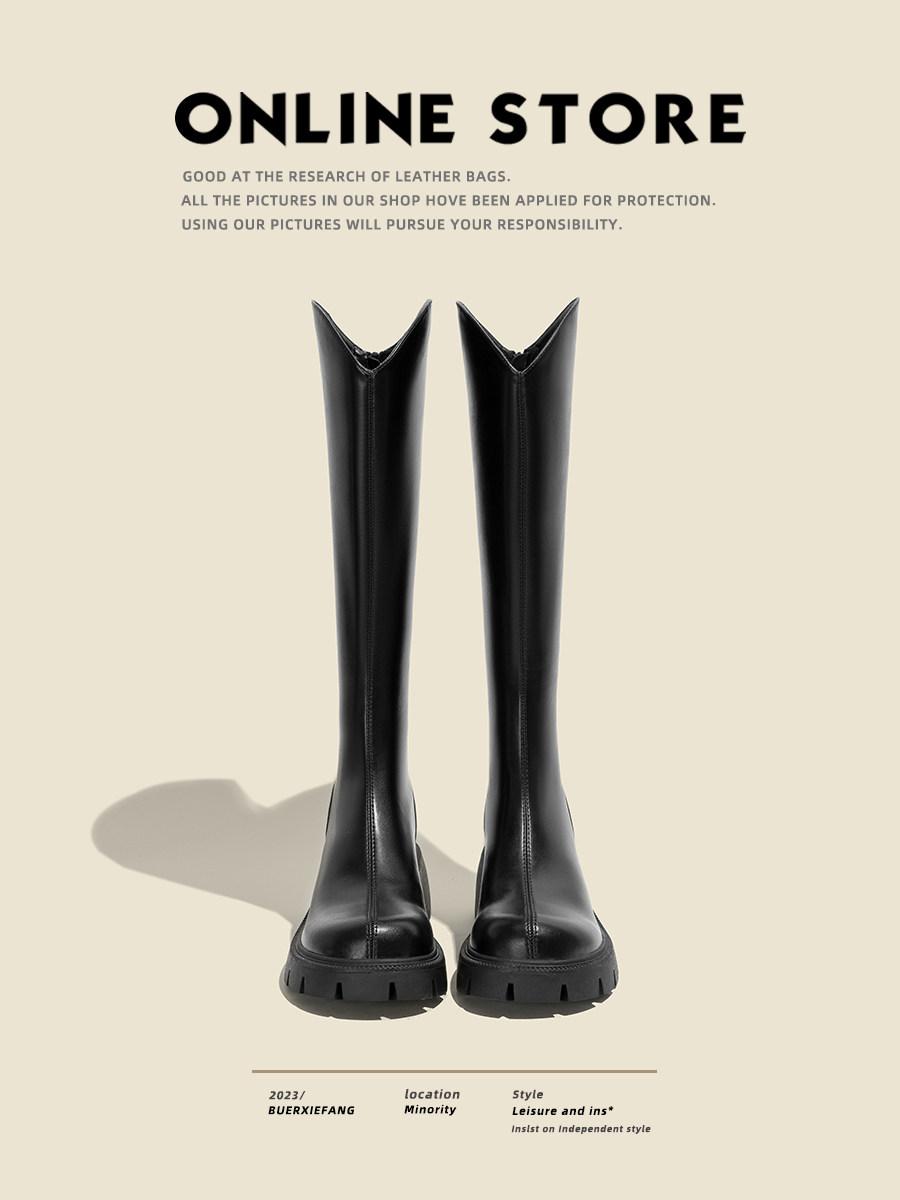 [FUER SHOE SHOP] 여성을위한 작은 튜브 V 입 부츠 2024 가을 겨울 신작 부츠 부츠 두꺼운 밑창 하이 부츠