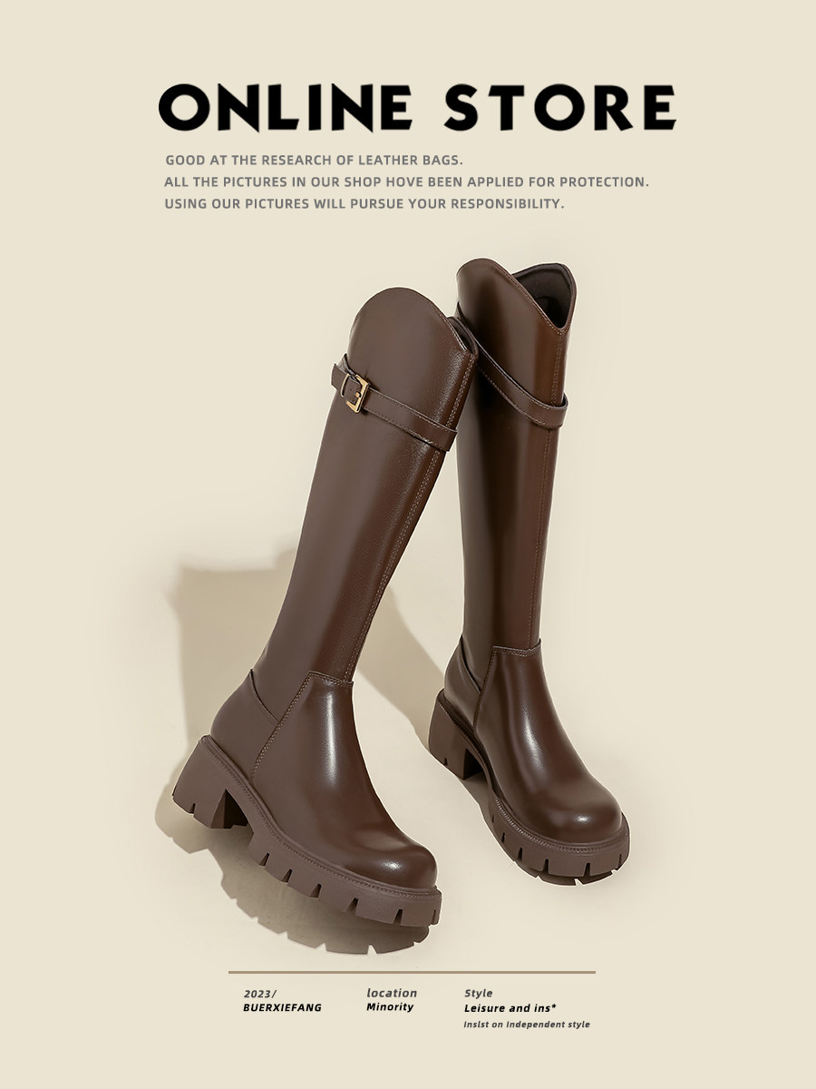 가죽 [FUER SHOE SHOP] 여성용 롱 부츠 2024 신작 가을 겨울 V 입 슬림 나이트 부츠 하이 부츠