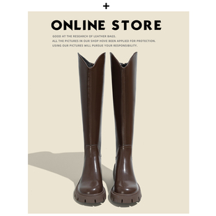 2023新款 坊 长筒靴女骑士靴粗跟厚底不过膝V口高筒长靴 不二鞋