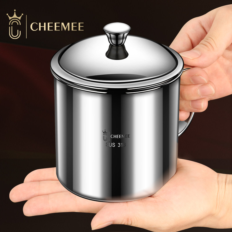 cheemee食品级316不锈钢水杯带盖茶杯大号泡茶缸老式口杯小号杯子