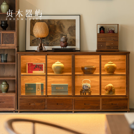贞木器屿北美黑胡桃木家用带灯陈列柜茶空间展示柜瓷器工艺品边柜