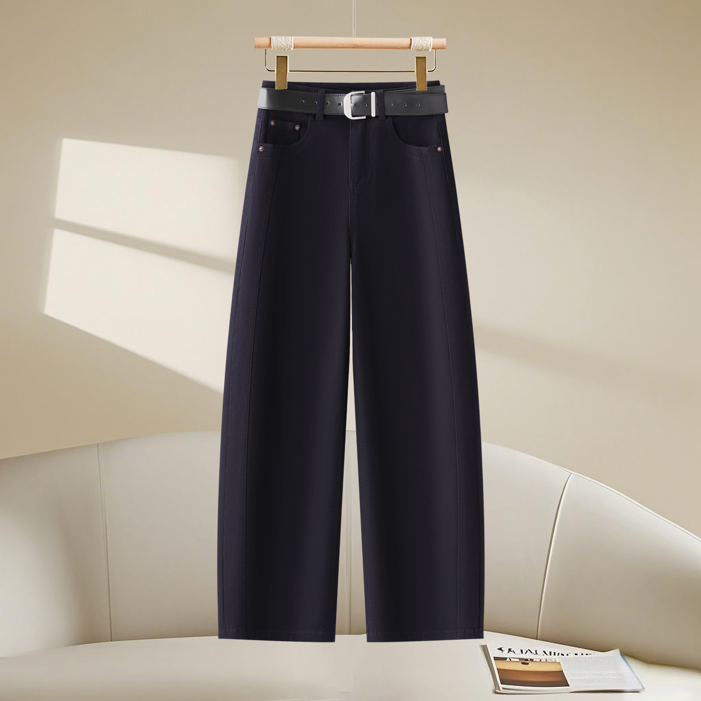 藏青蓝弯刀裤女秋冬季牛仔镰刀裤