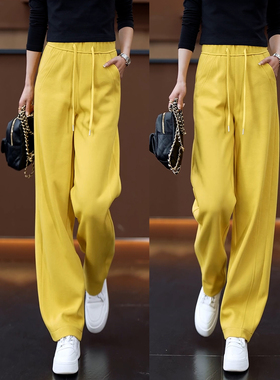加绒黄色窄版阔腿香蕉裤女秋冬2025新款松紧腰显瘦直筒弯刀运动裤