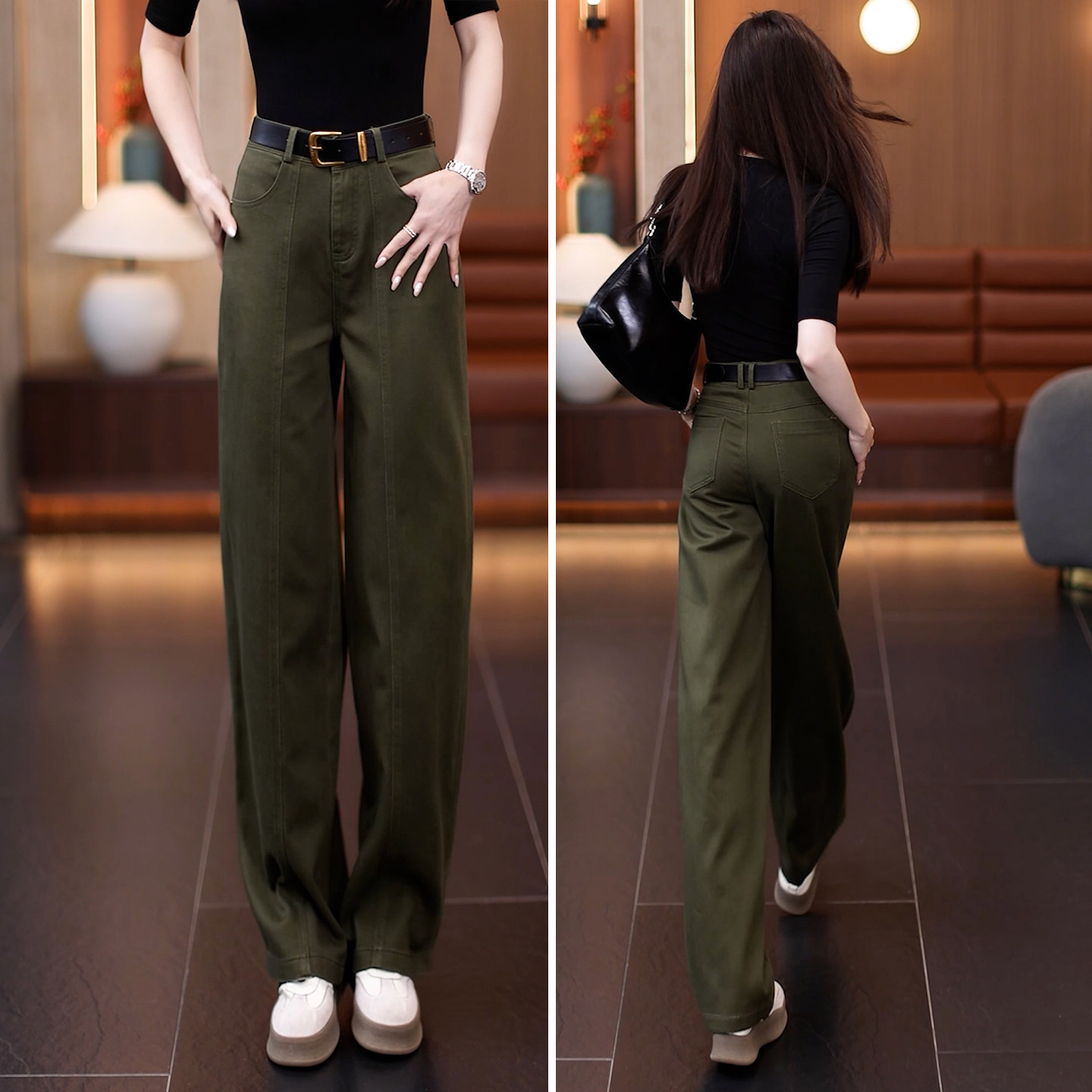 军绿色窄版阔腿牛仔裤女春夏2026新款高腰垂感休闲裤宽松直筒长裤