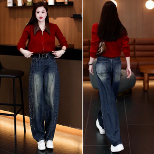 阔腿裤 满天星烫钻牛仔裤 高腰窄版 超好看显瘦弯刀裤 女春季 2026新款