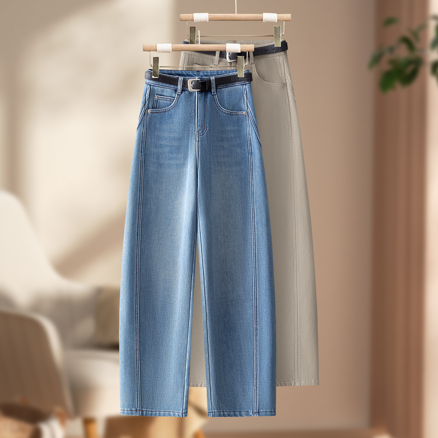 卡其色牛仔裤女秋冬弯刀裤