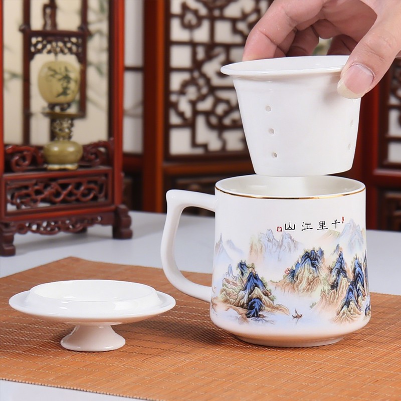 描金中式陶瓷茶隔杯带过滤茶水