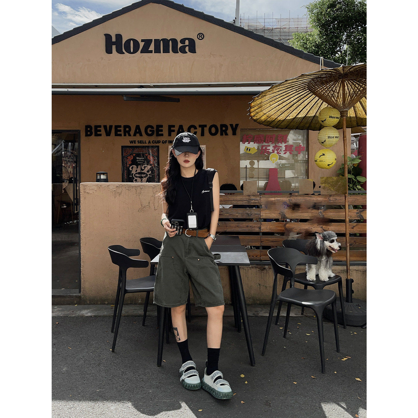 川和 军绿水洗做旧工装五分牛仔短裤女夏季休闲 宽松a字阔腿五分