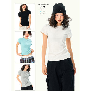 T恤女夏季 YOUNG STAGE基础款 百搭纯色正肩短袖 短上衣 覆古辣妹修身