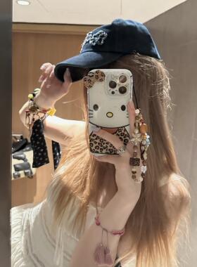 轻亚透底闪粉豹纹kt适用苹果16promax手机壳iphone14双层可爱iPhone15pro手机壳14pro适用iPhone16pro防摔