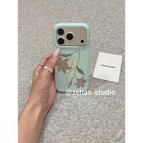 清新薄荷绿波点百合简约ins手机壳17promax保护iphone15女iPhone16pro双层iphone16卡通iPhone17苹果15pro