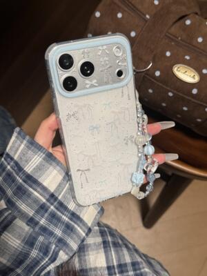 闪粉白底简约蓝色蝴蝶结韩系ins风17pro手机壳17promax保护iphone15女款16pro双层16卡通iPhone17苹果15pro